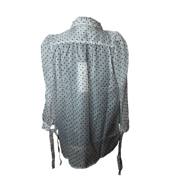 2/$35- Neon Blonde Sheer Polk A Dot 3/4th Tie Sleeves Button Blouse Women's XS - Picture 2 of 9